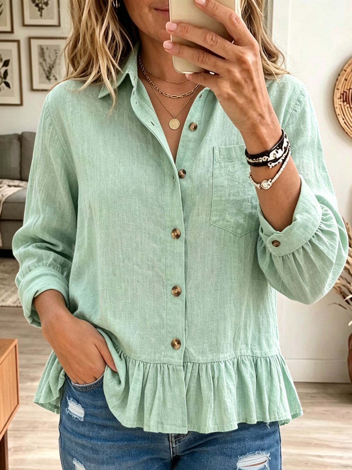 Women's Ruffled Hem Linen-Blend Button-Down Shirt