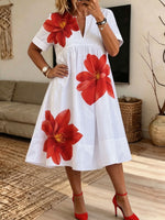 Women Big Red Floral Print Notch Neck Loose Midi Dress