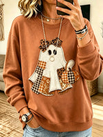 Women Halloween Ghost Patchwork Pumpkin Bow Crewneck Long Sleeve Sweatshirt