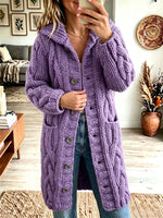 Women Lapel Chunky Cable Knit Cardigan Button‑Front Mid‑Length Sweater Coat