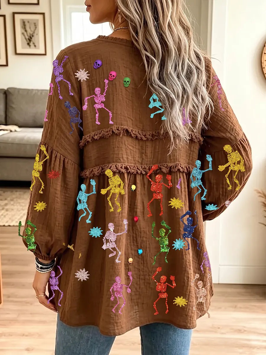 Women's Vintage Elegant Textured Crinkle Ruffle Babydoll Halloween Tunic Blouse