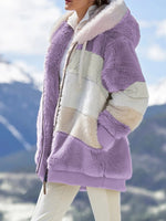 Women Loose Warm Fleece Color Block Fuzzy Zip Up Hooded Jacket Coat