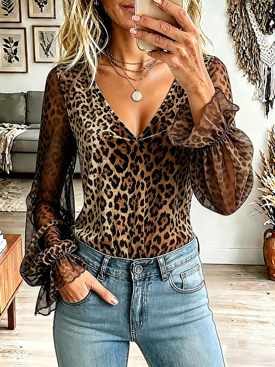 Vintage Elegant Sheer Chiffon Puff Sleeves Leopard Print Shirt