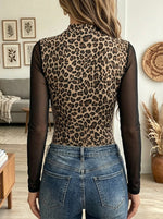Women's Leopard Print Sheer Mesh Cutout Top