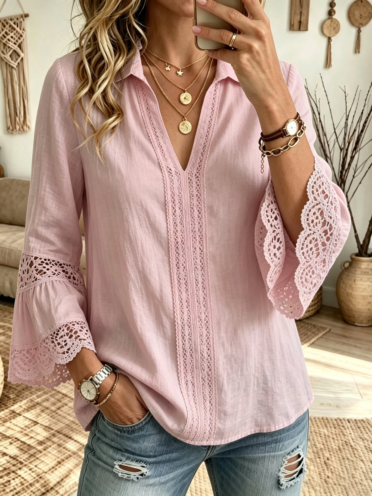Women's Openwork Crochet 3/4 Bell Sleeve Blouse