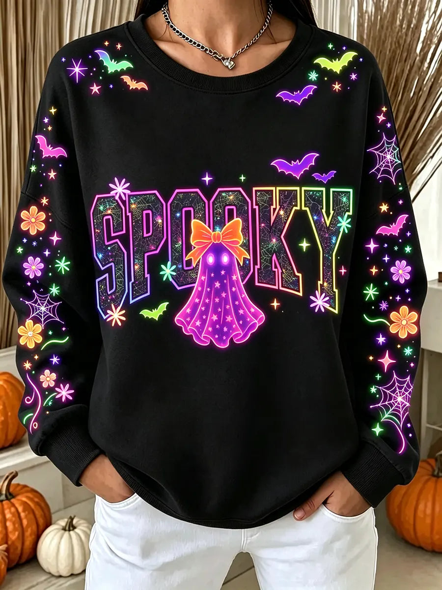 Vintage Autumn Halloween Ghost Art Print Crewneck Sweatshirt