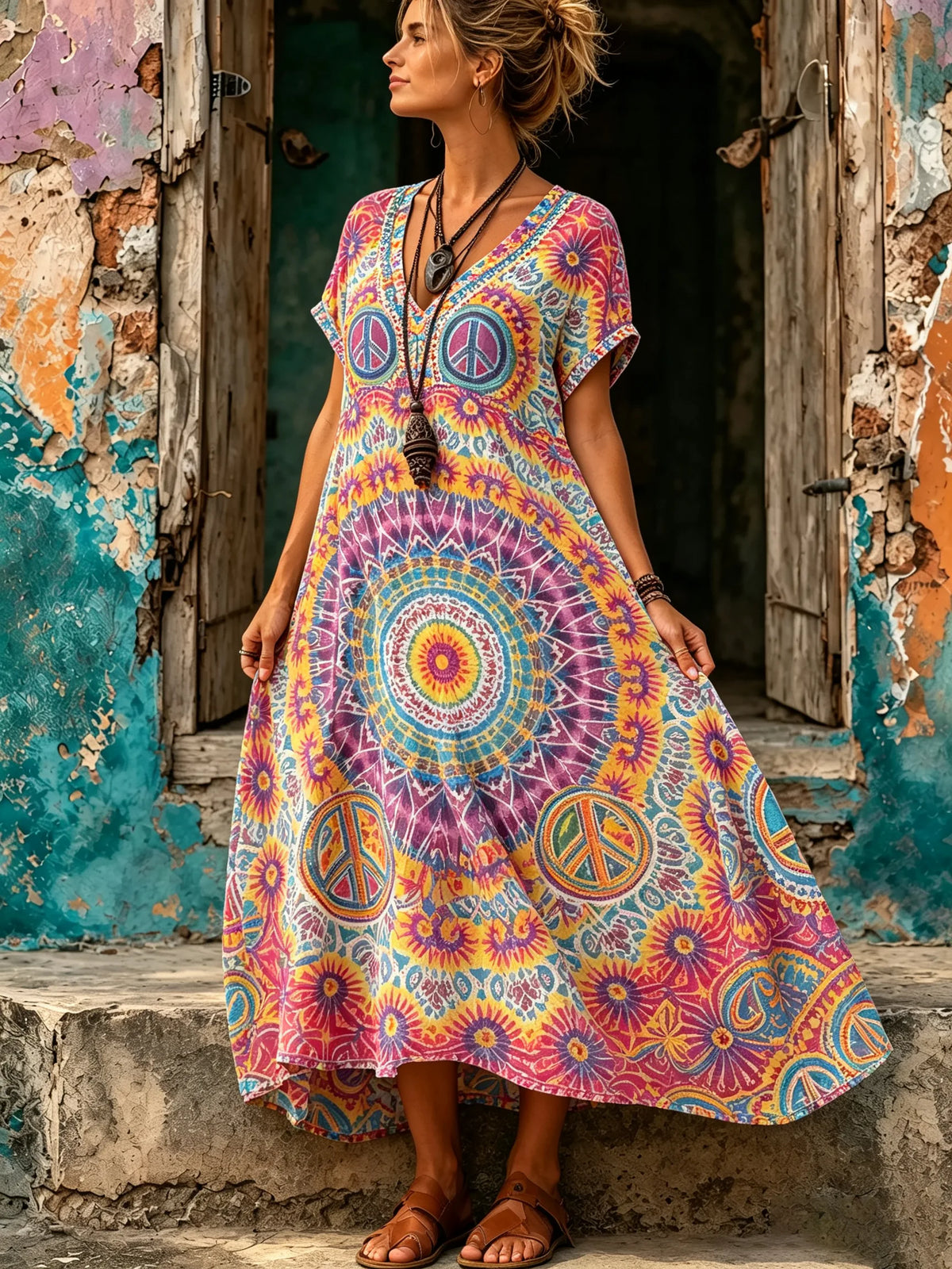 Women Mandala Peace Sign Tie-Dye Maxi Dress