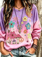 Women Pink Purple Gradient Mushroom Floral Peace Symbol Embroidery Drop Shoulder Sweatshirt