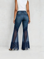 Women High Waist Button Fly Lace Mesh Spliced Flare Jeans
