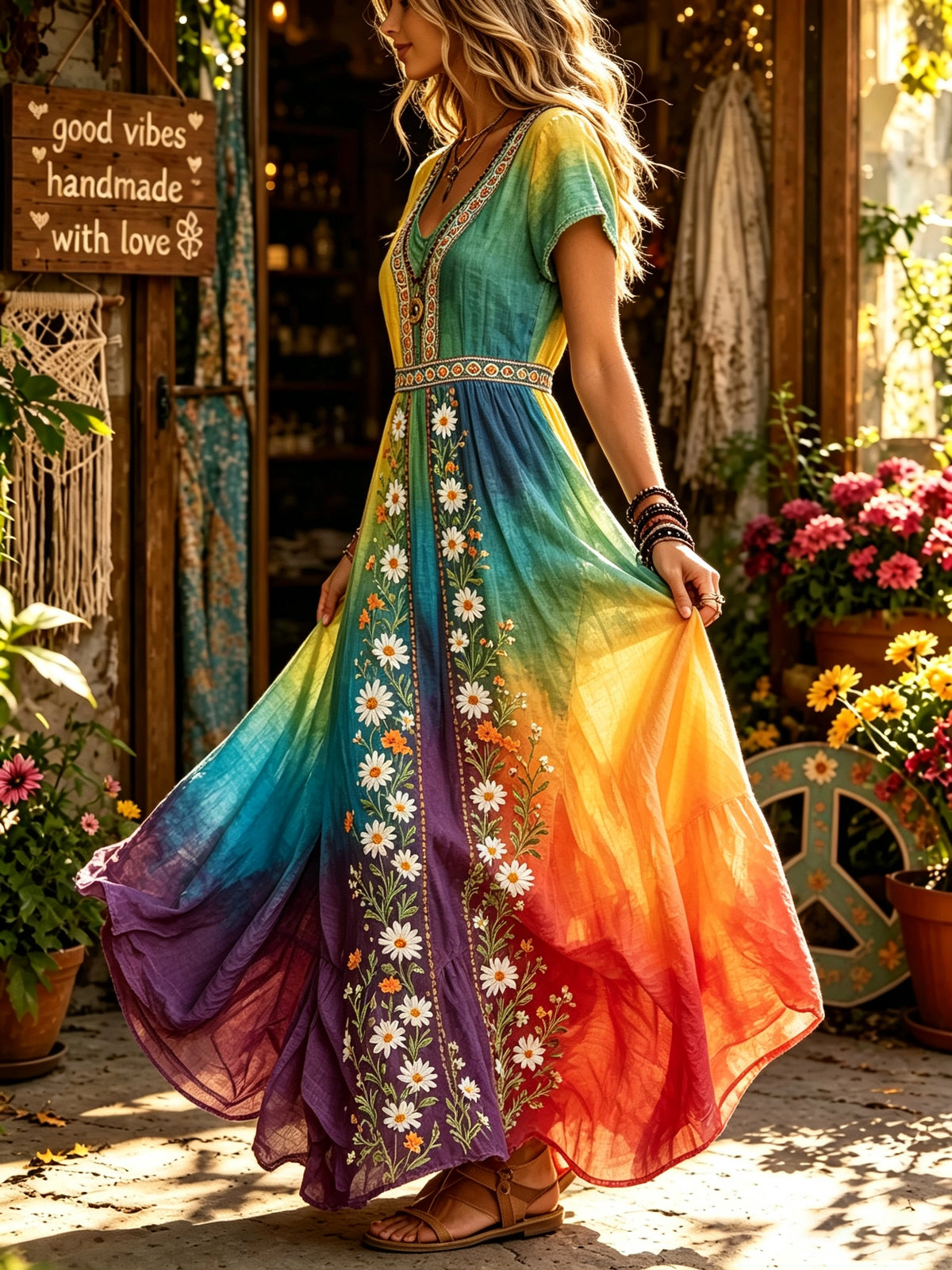 Women's Rainbow Floral Print Maxi Dress