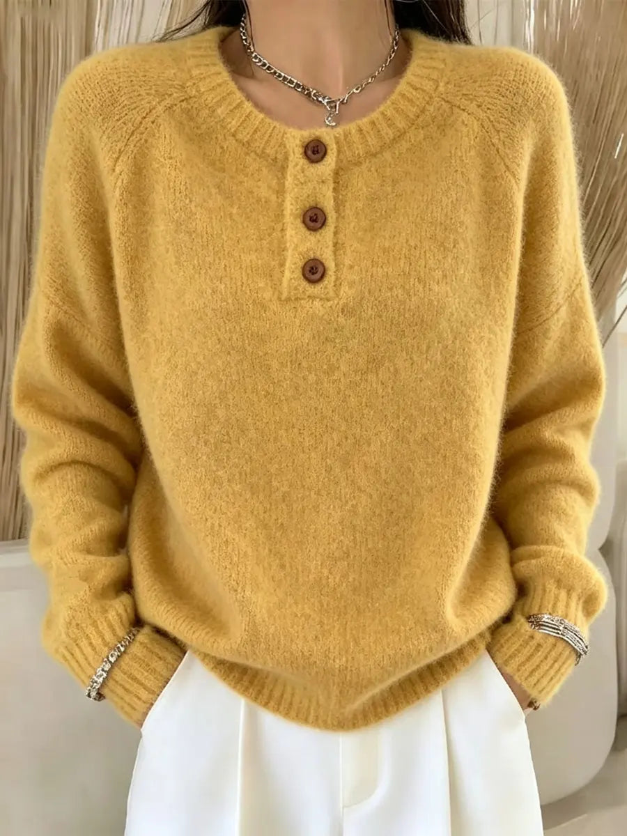 Retro Elegant Button Round Neck Art Casual Stylish Long Sleeve Knitted Sweater