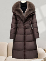 Detachable Faux Fur Hood Belted Long Puffer Coat, Women Winter Warm Quilted Outerwear