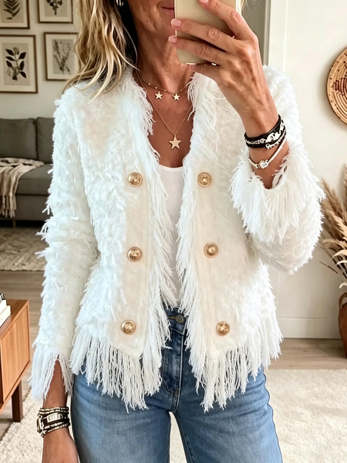 Women's Double-Breasted Fringe Tweed Jacket