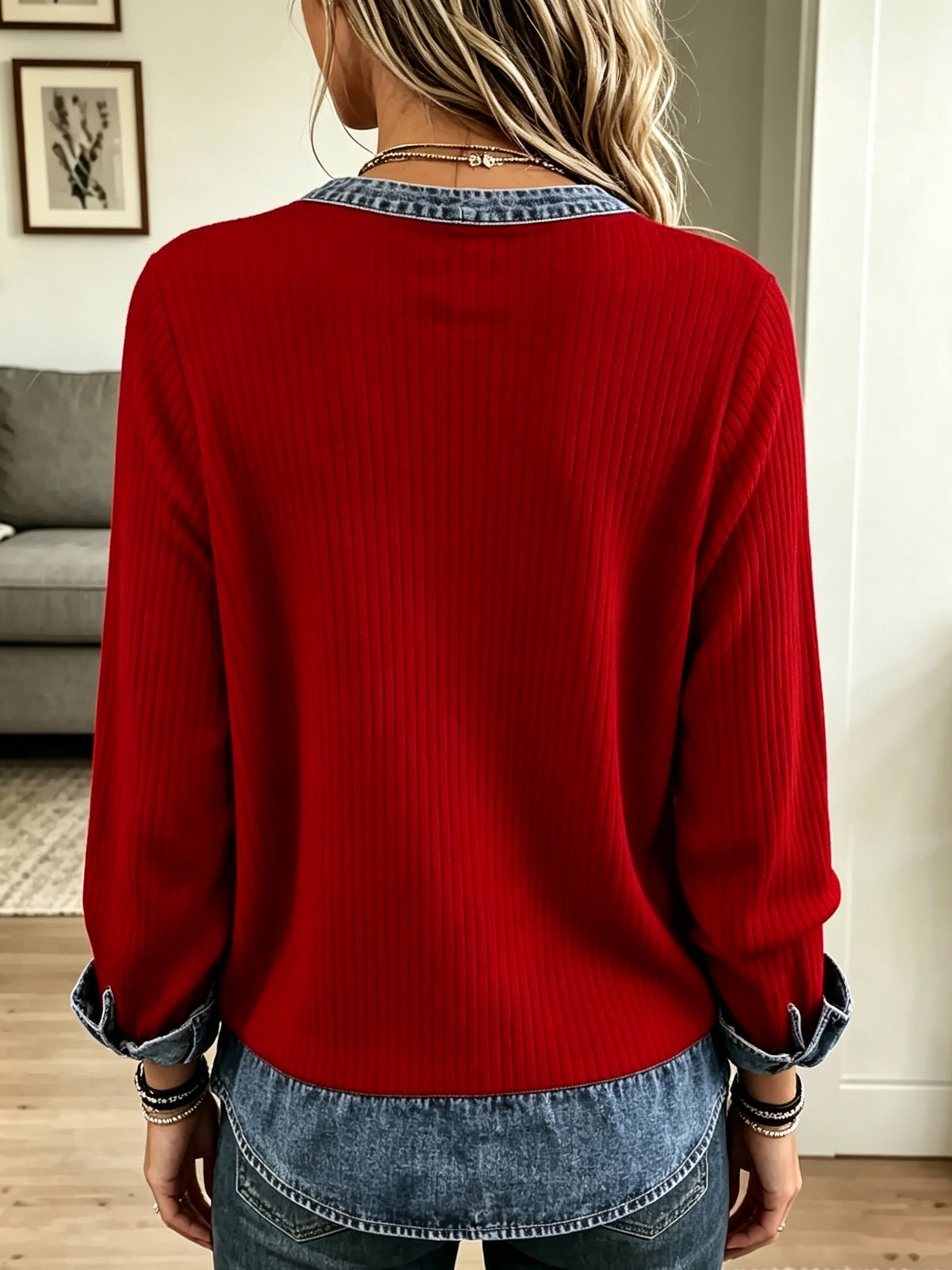 Women's Denim Trim V-Neck Ribbed Knit Sweater