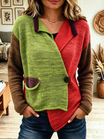 Women Color Block Asymmetric Button Knit Cardigan with Pocket
