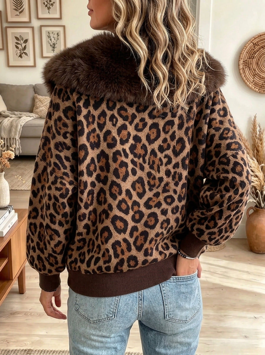 Women's Leopard Faux Fur Collar Zip-Up Fleece Jacke