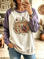 Women Floral Pumpkin Embroidery Look Raglan Crewneck Sweatshirt