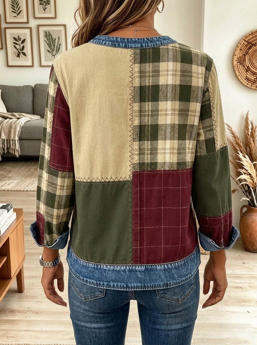 Women Plaid Denim Patchwork Round Neck Long Sleeve Blouse