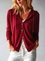 Women's Solid Color Art Casual Hooded Long Sleeve Button Knit Cardigan