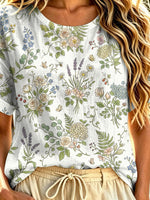 Women's Floral Pattern Art Print Casual Short Sleeve Cotton Linen T-shirt