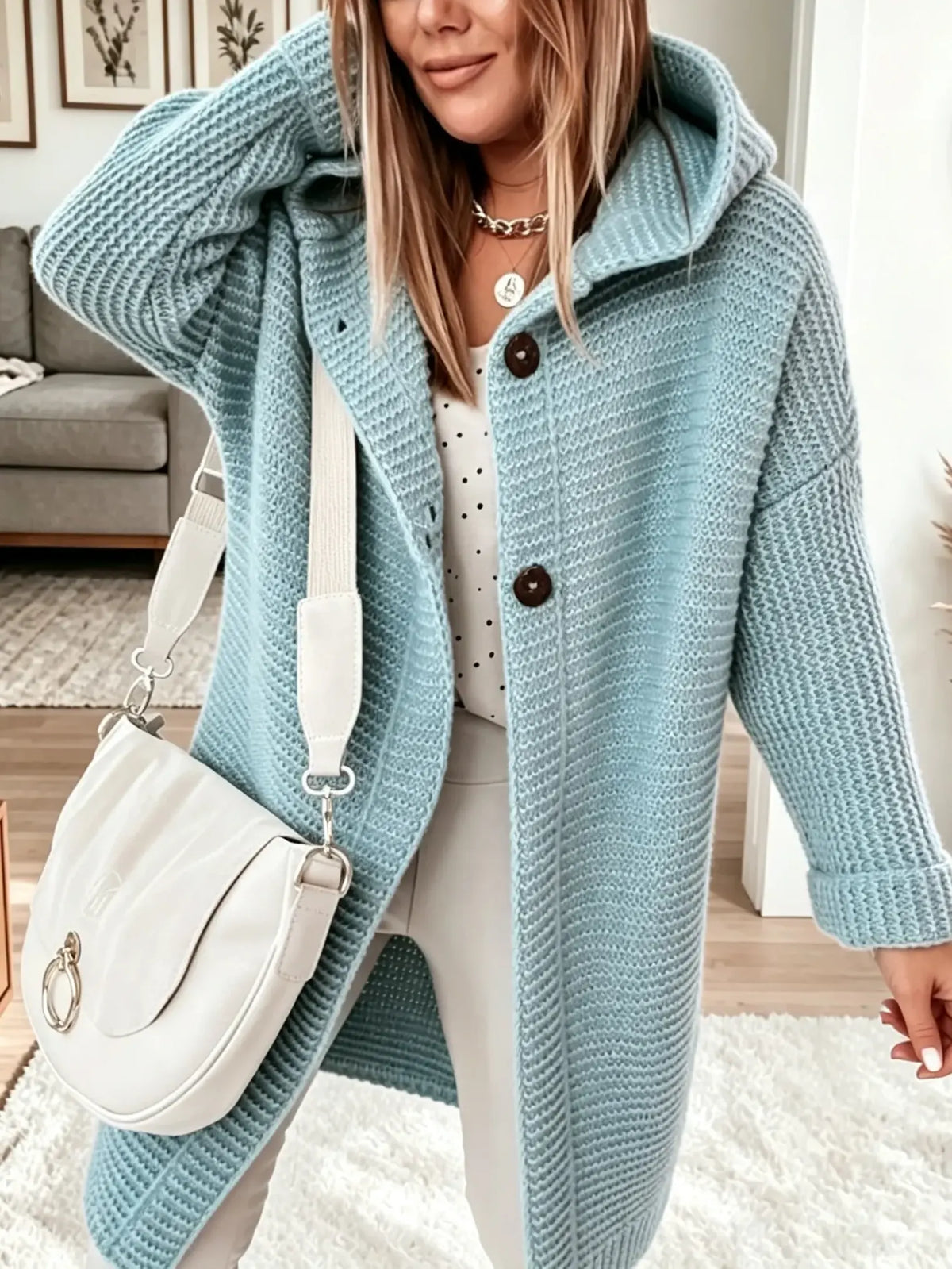 Women's Hooded Knit Button-Down Midi Cardigan