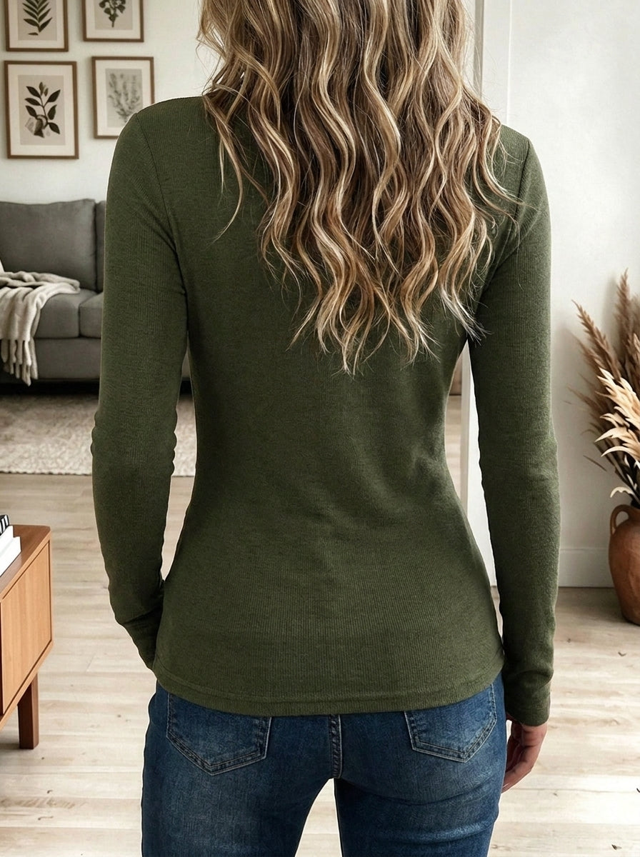 Women's Olive Green Cowl Neck Long Sleeve Top with Neck Cutout Detail