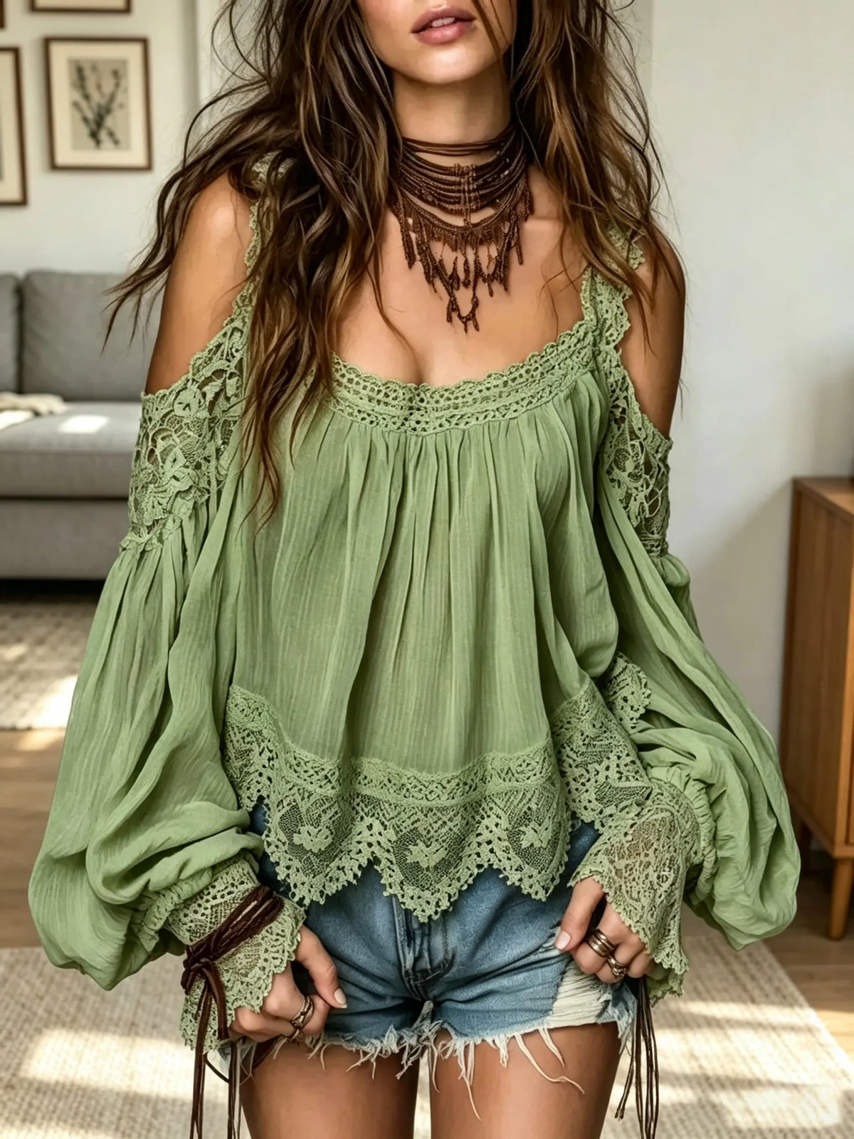 Women's Cold-Shoulder Embroidered Lace Peasant Blouse