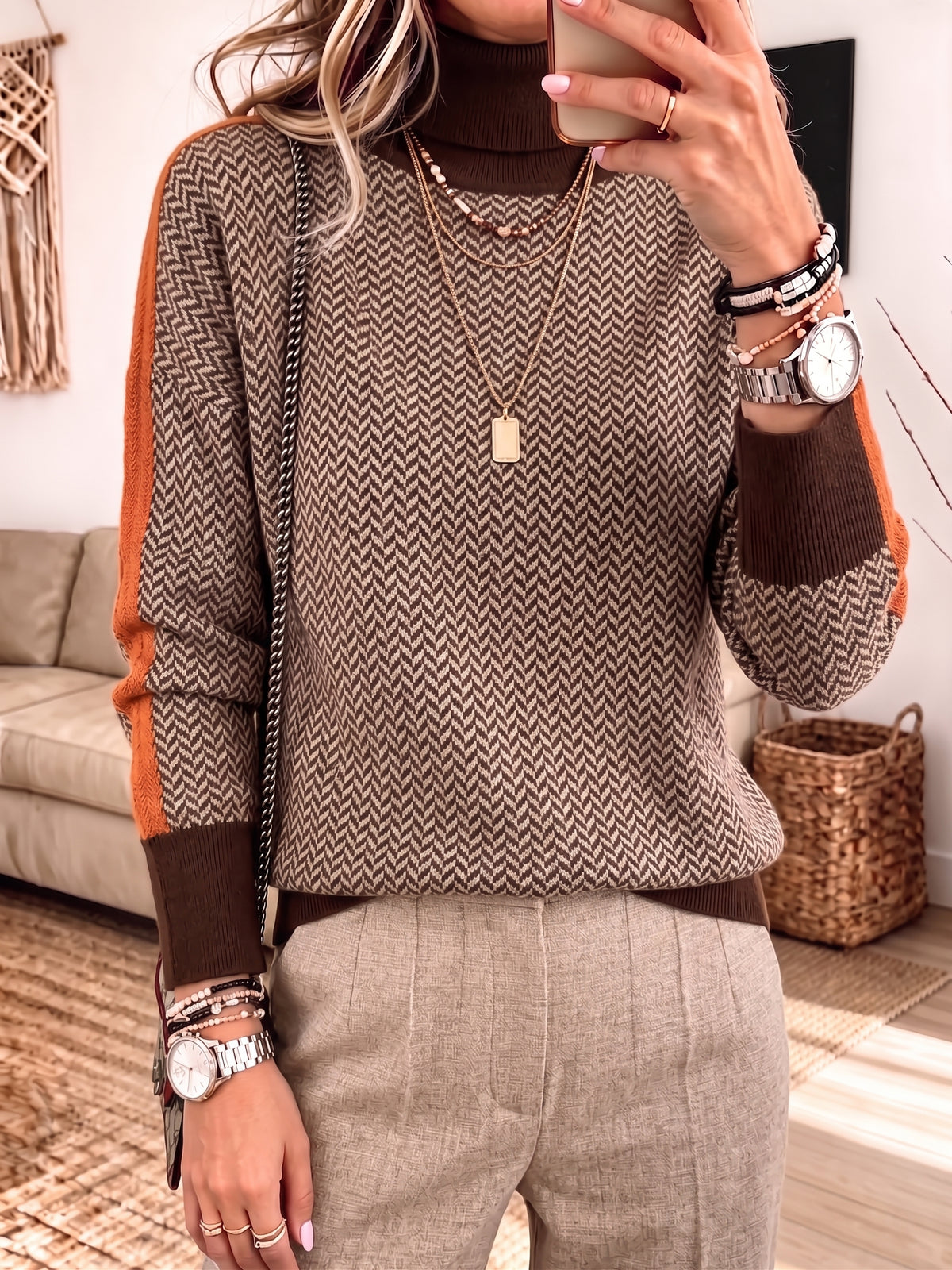 Womens Herringbone Color Block Patchwork Long Sleeve Knit Sweater