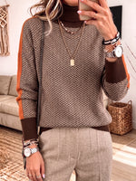 Womens Herringbone Color Block Patchwork Long Sleeve Knit Sweater
