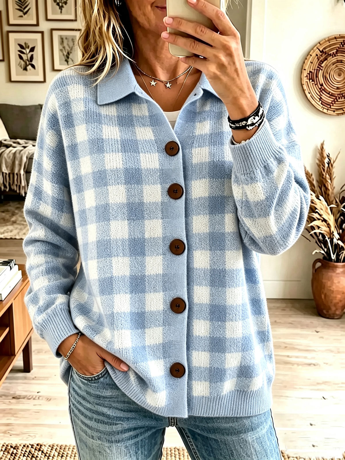 Women Light Blue Gingham Collared Button Knit Cardigan