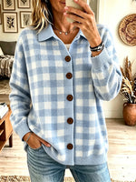 Women Light Blue Gingham Collared Button Knit Cardigan