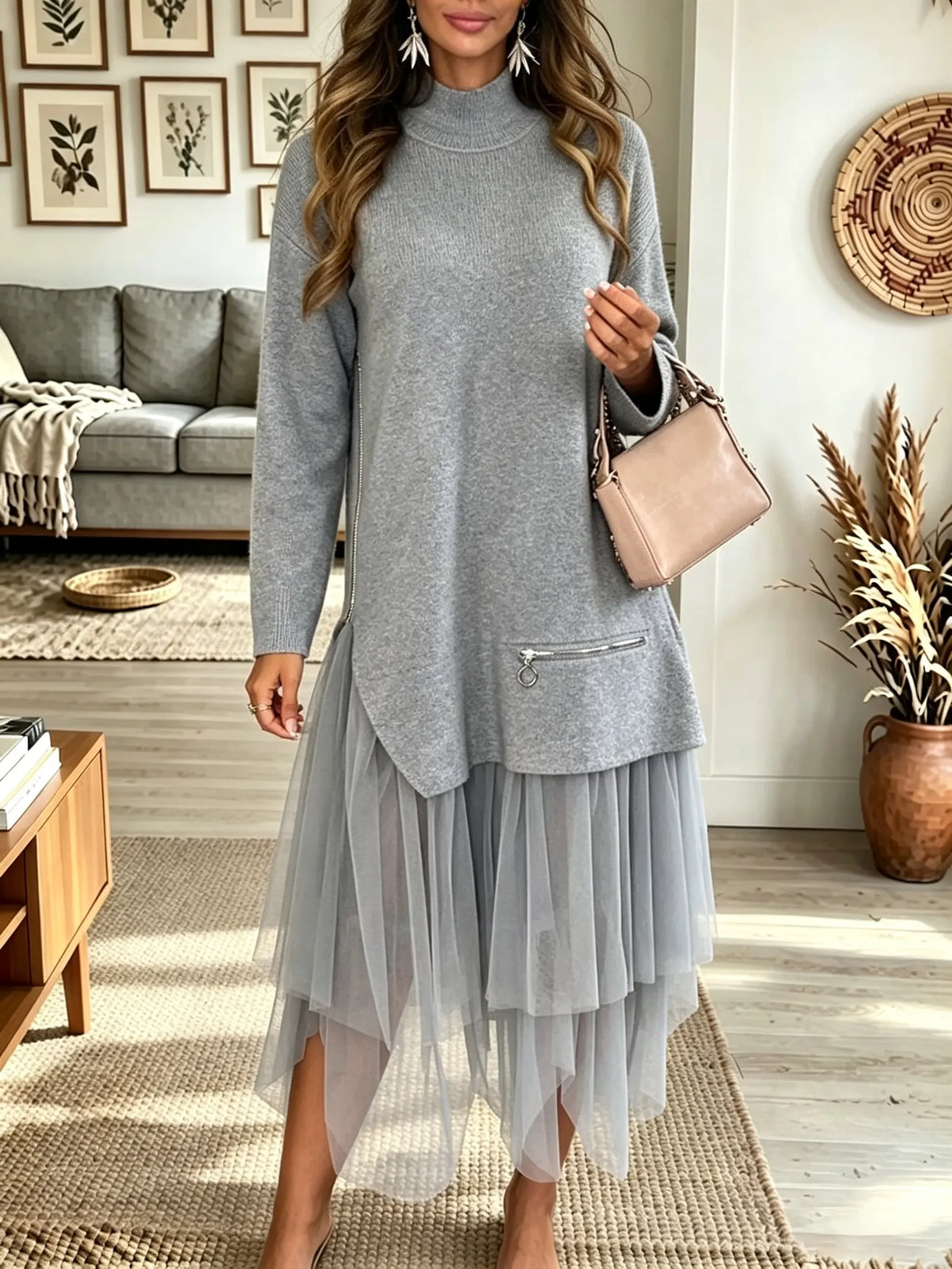 Women's Mock Neck Asymmetrical Tulle Hem Sweater Dress