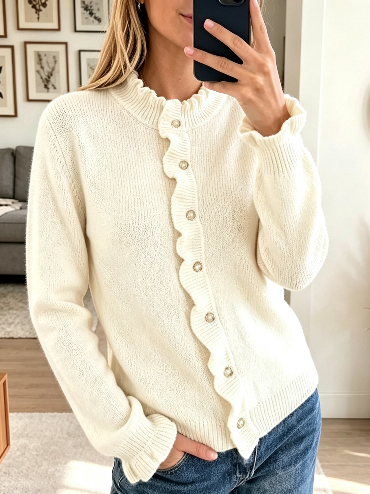 Women's Scalloped Ruffle Trim Knit Cardigan