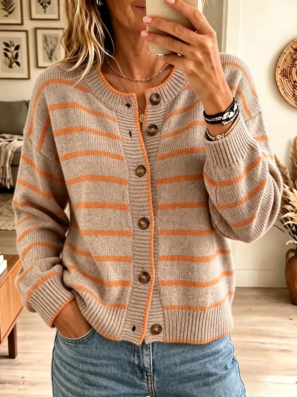 Women's Striped Button-Down Crewneck Knit Cardigan