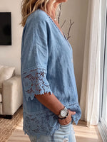 Womens V Neck Lace Trim Washed Denim 3/4 Sleeve Loose Blouse
