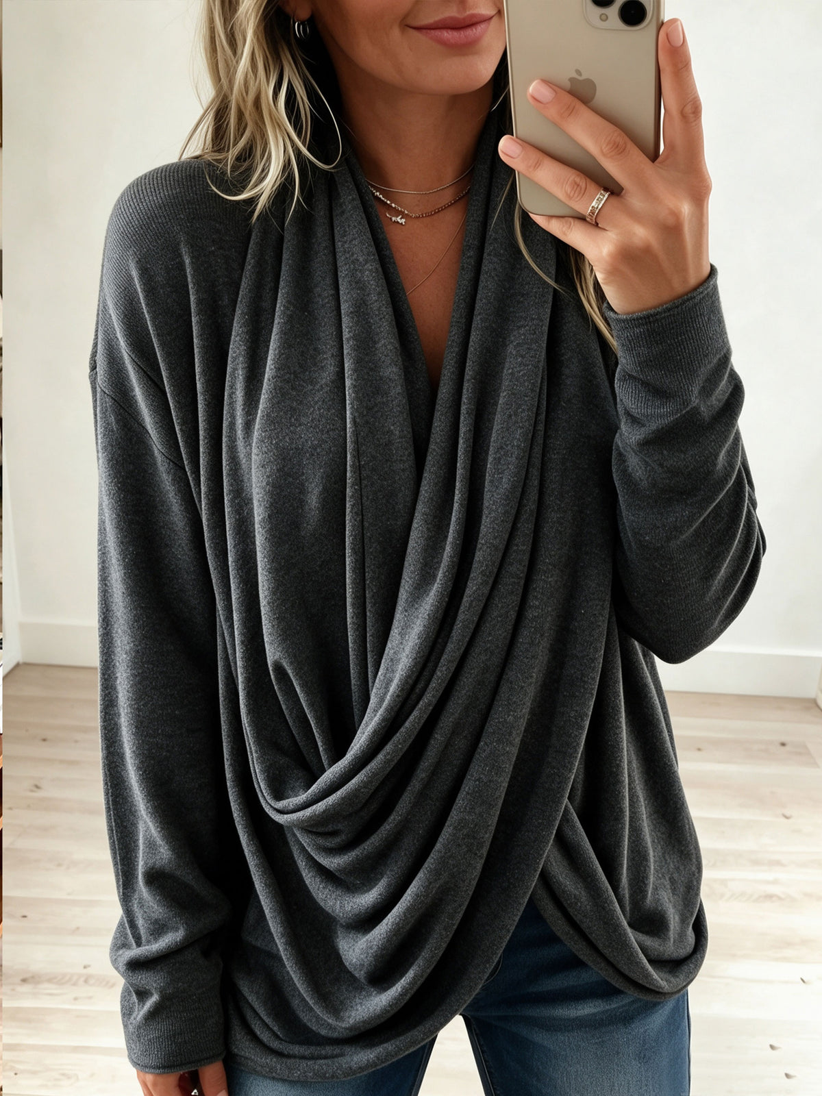 Draped Wrap Cross Front Knit Long Sleeve Top