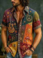 Men's Patchwork Guitar Mushroom Print Button-Up Shirt