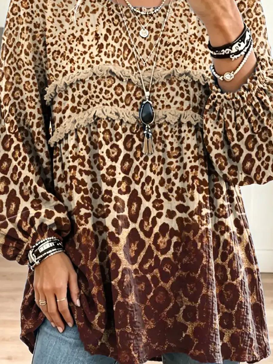 Retro Leopard Pattern Art Print Casual Stylish Long Sleeve Cotton Linen Shirt