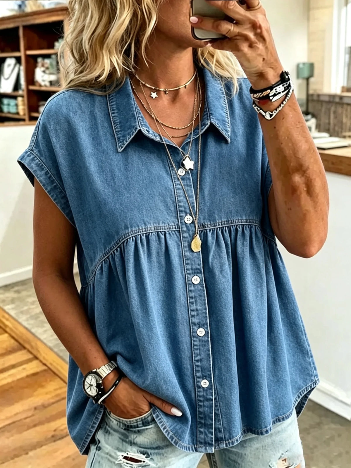 Women's Solid No-Print Washed Denim Cap Sleeve Collared Babydoll Blouse