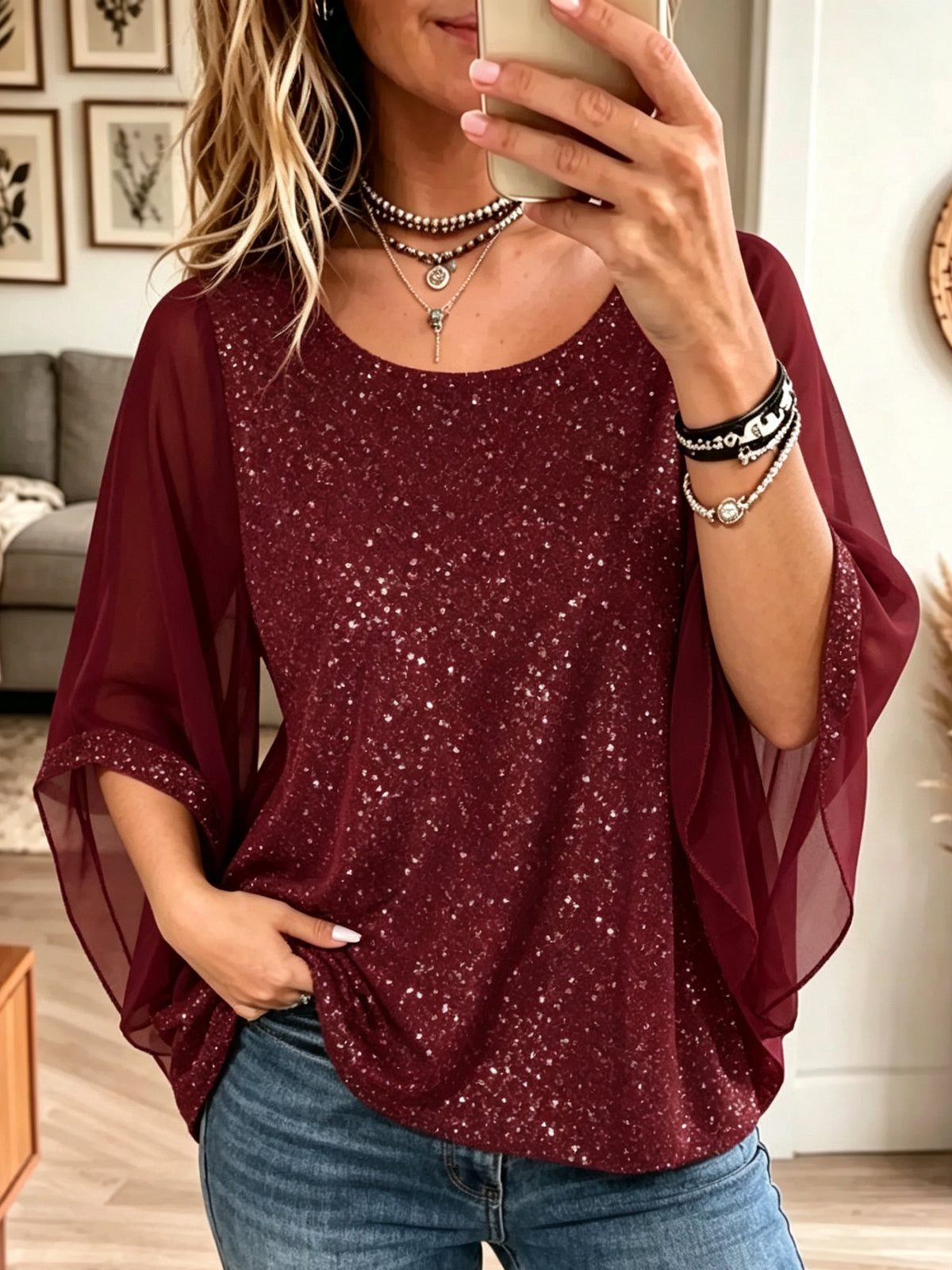 Women's Glitter Shimmer Sheer Cape Sleeve Top
