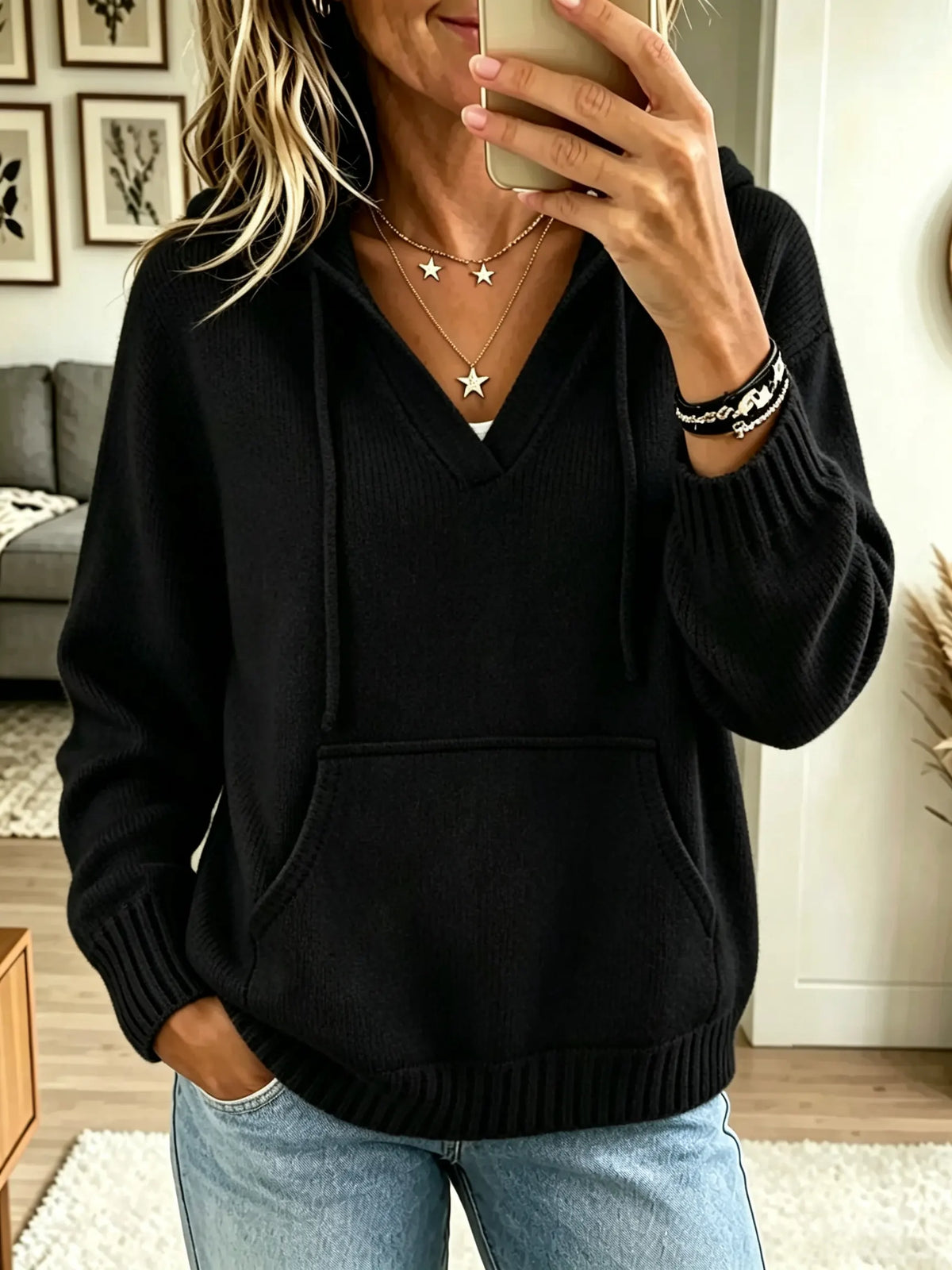 Women's V-Neck Knit Pullover Hoodie