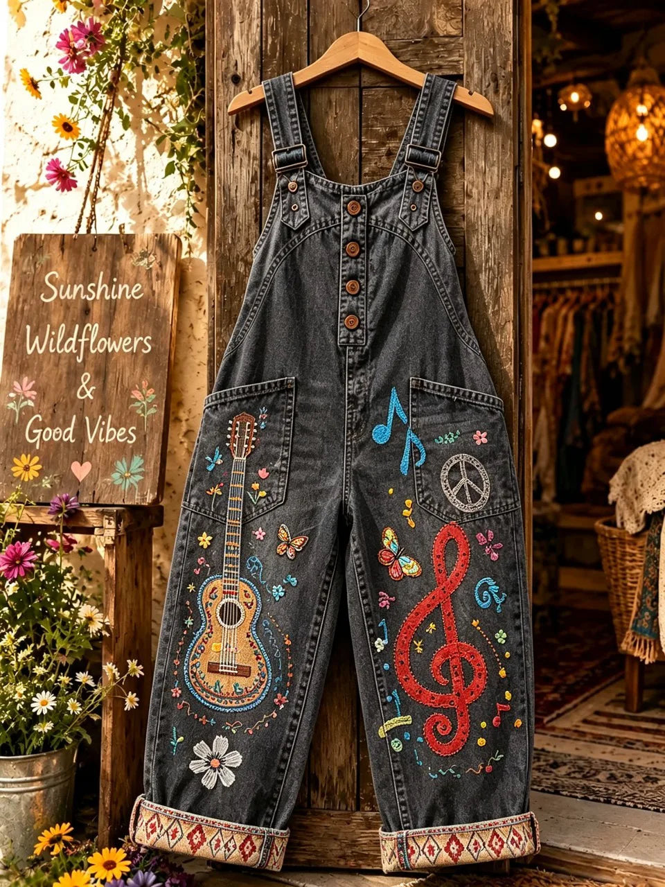 Women's Vintage Music Guitar Print Denim Overalls Long Pants