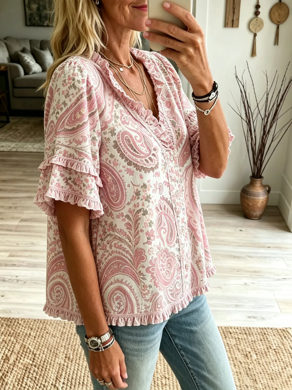 Women's Pink Paisley Floral Ruffle Short Sleeve Blouse