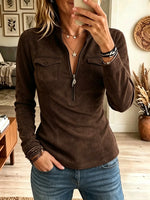 Women's Leather Patch Half-Zip Faux Suede Top