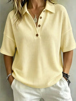 Solid Color Lapel Casual Short Sleeve Stylish Waffle Shirt