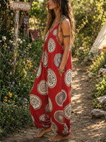 Women’s Red Mandala Print Spaghetti Strap Boho Harem Jumpsuit With Pockets