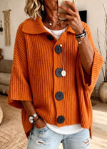 Collared Big Button Chunky Knit 3/4 Sleeve Cardigan