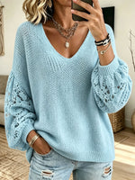 Women V‑Neck Hollow Lace Lantern Sleeve Loose Knit Sweater