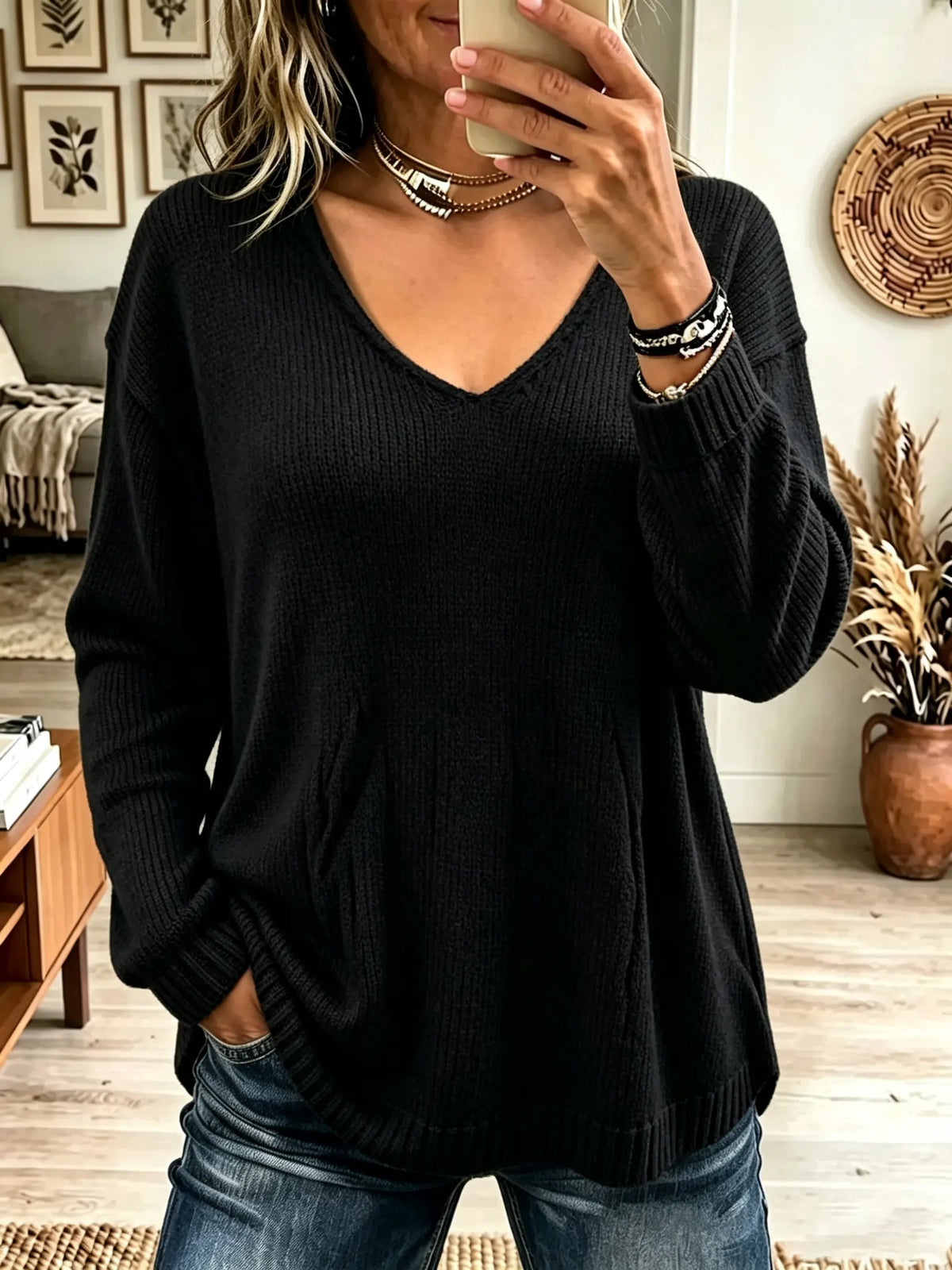 Women's V-Neck Ribbed Pullover Sweater