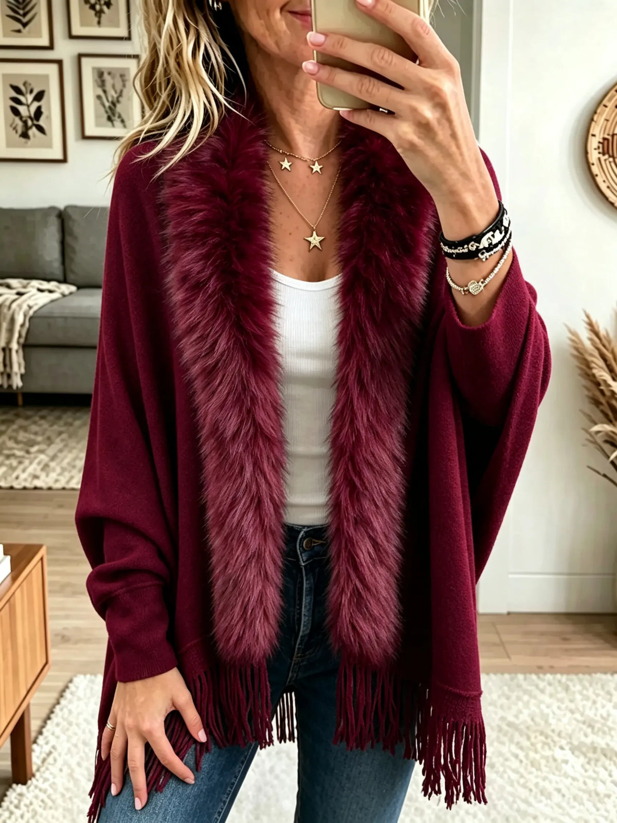 Women's Faux Fur Trim Fringe Poncho Cardigan